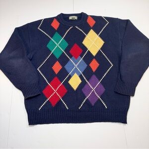 Vintage Christopher Hayes Crewneck Sweater Mens Argyle Cotton Large Navy Blue